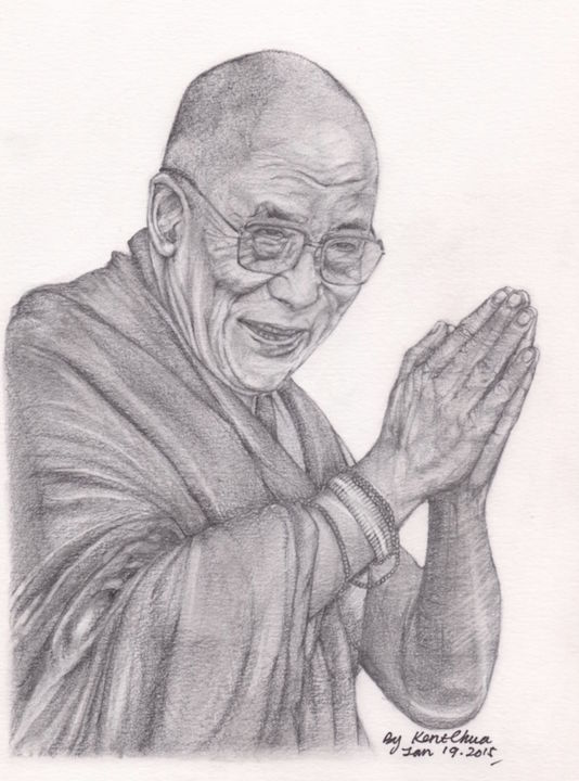 Drawing titled "Dalai lama Tenzin G…" by Kent Chua, Original Art, Pencil