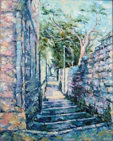 Painting titled "A Few Stairs Down -…" by Keren Gorzhaltsan, Original Artwork