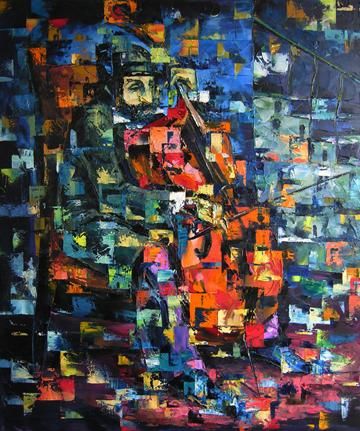 Painting titled "Cellist -oil on can…" by Keren Gorzhaltsan, Original Artwork