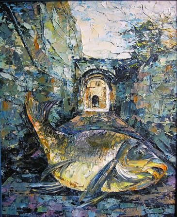 Painting titled "Fish In Exterior -…" by Keren Gorzhaltsan, Original Artwork
