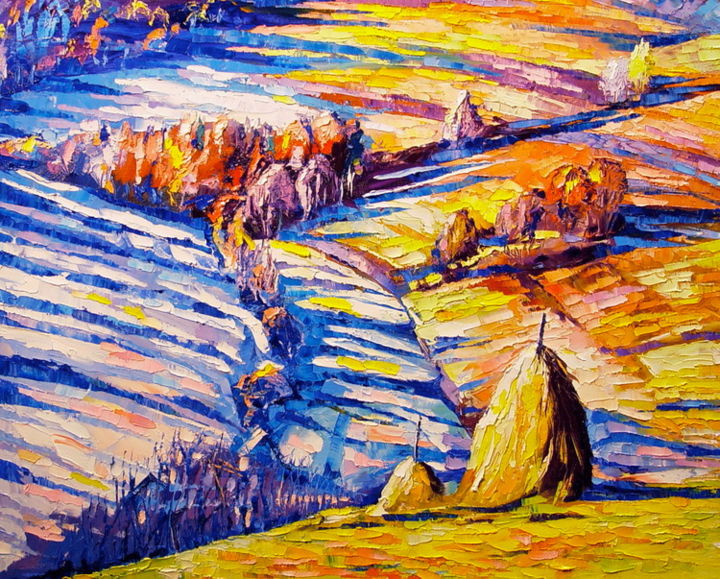 Картина под названием "Haystacks" - Keren Gorzhaltsan, Подлинное произведение искусства, Масло