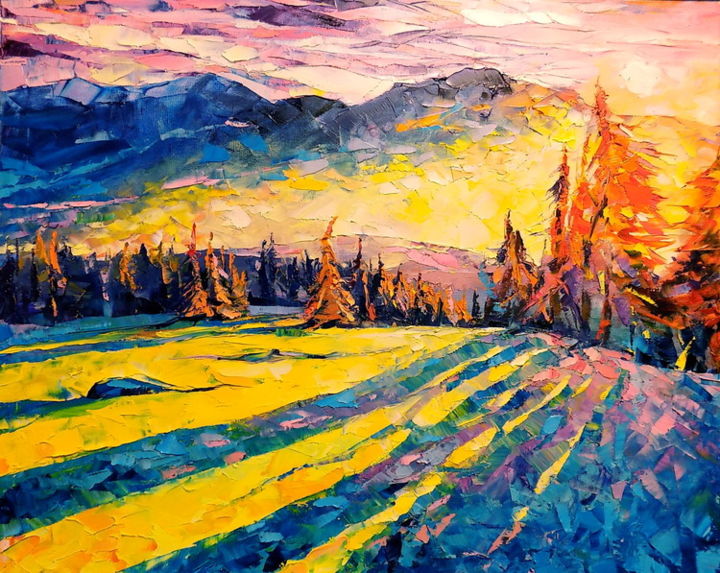 Peinture intitulée "Winter Sunset" par Keren Gorzhaltsan, Œuvre d'art originale, Huile