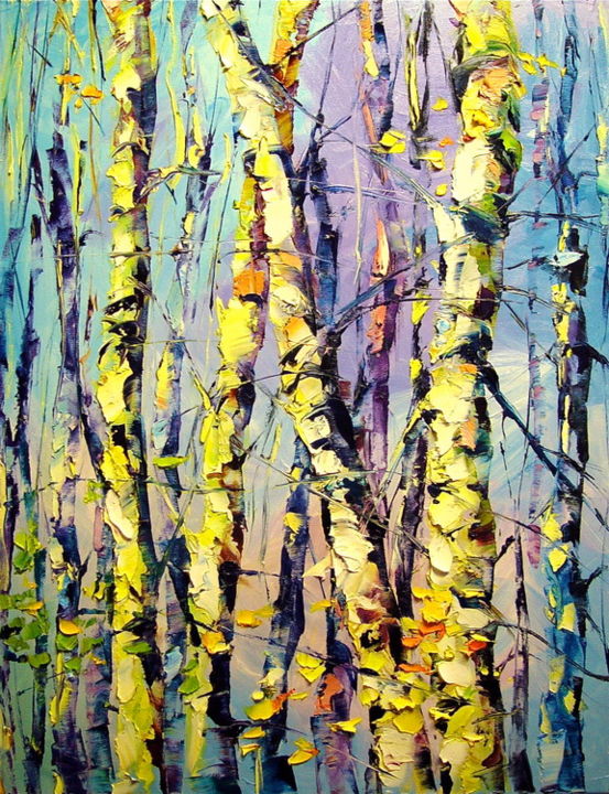 Painting titled "Birch Trees in Suns…" by Keren Gorzhaltsan, Original Artwork, Oil