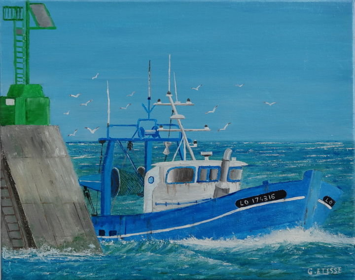 Painting titled "bateau de pêche bre…" by Kerman, Original Artwork, Oil