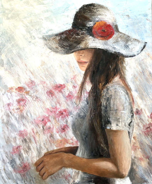 Painting titled "Femme aux coquelico…" by Deborah Kerner, Original Artwork, Oil