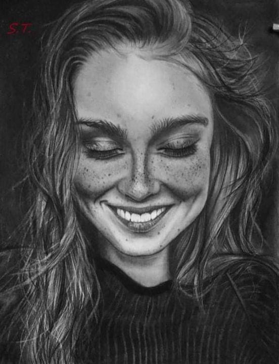 Drawing titled "Happiness" by Kerouacne, Original Artwork, Charcoal