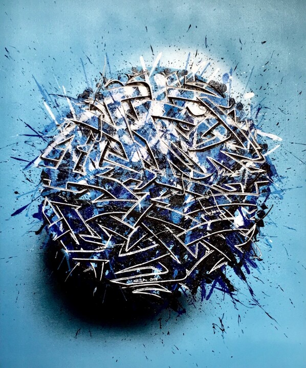 Peinture intitulée "blue mike" par Kesa Graffiti, Œuvre d'art originale, Bombe aérosol Monté sur Panneau de bois