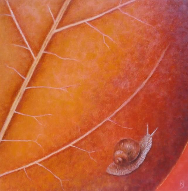 Pittura intitolato "Leaf With Snail" da Kestutis Jauniskis, Opera d'arte originale, Olio