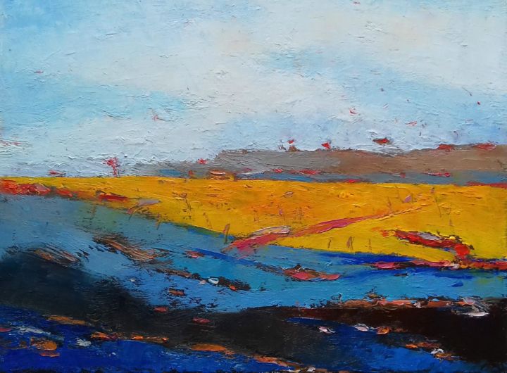 Painting titled "Flowering Fields" by Kestutis Jauniskis, Original Artwork, Oil