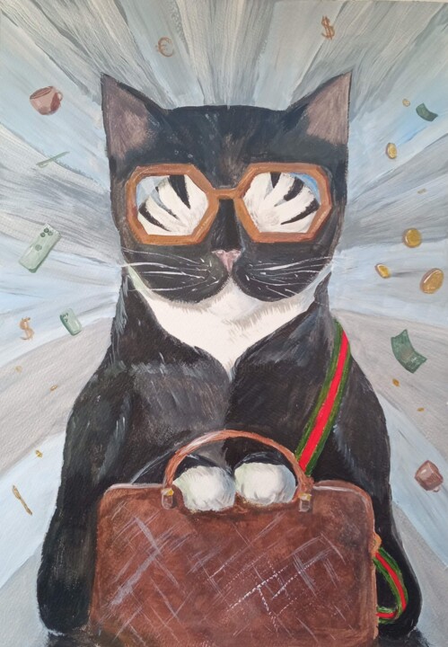 Painting titled "money cat" by Ket Stanchik, Original Artwork, Acrylic