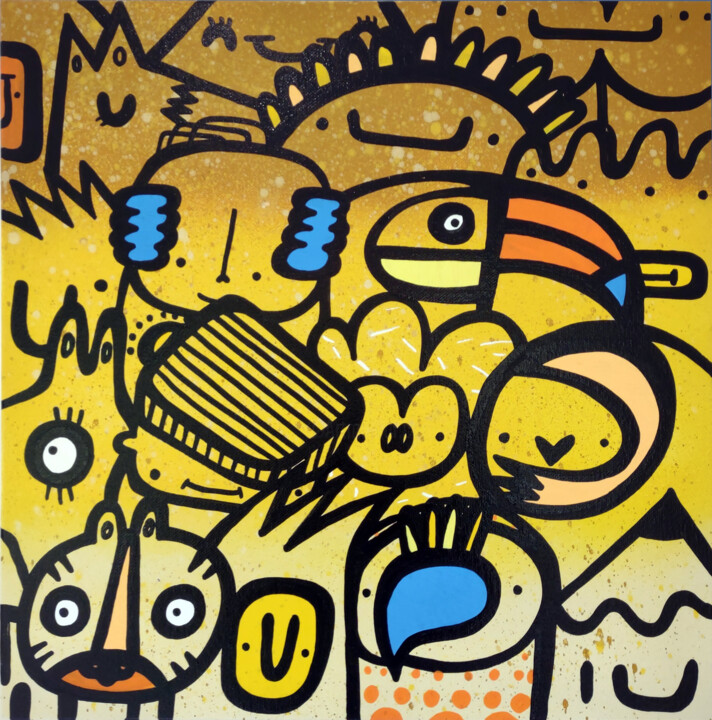 Peinture intitulée "Yellow crowd" par Kev Munday, Œuvre d'art originale, Marqueur Monté sur Châssis en bois