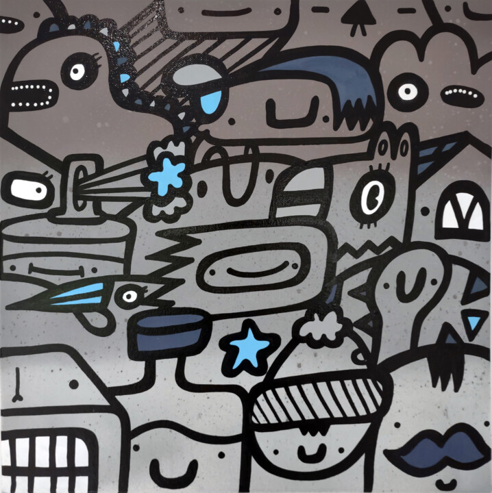 Peinture intitulée "Grey crowd" par Kev Munday, Œuvre d'art originale, Marqueur Monté sur Châssis en bois