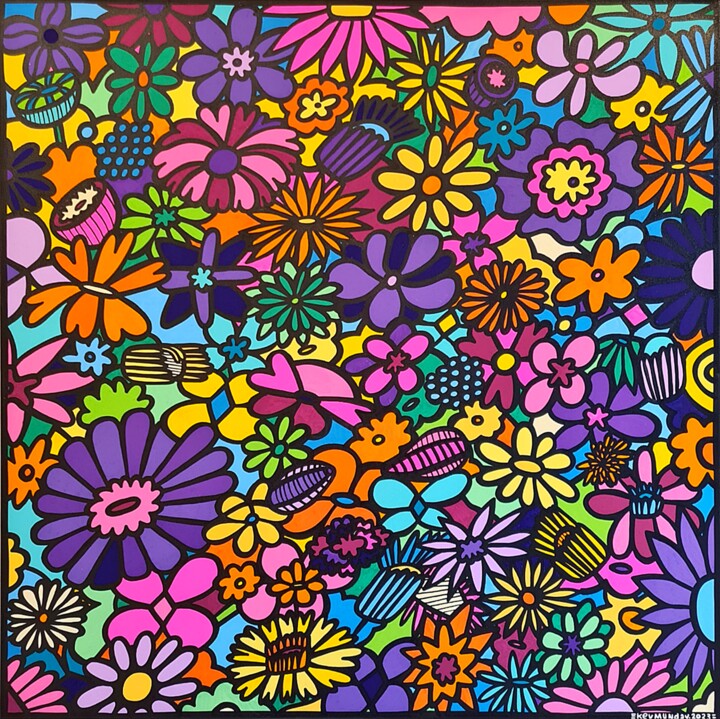 Painting titled "Floral explosion" by Kev Munday, Original Artwork, Acrylic Mounted on Wood Stretcher frame