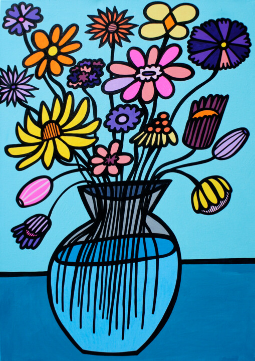 Peinture intitulée "Cheerful Bouquet" par Kev Munday, Œuvre d'art originale, Acrylique Monté sur Châssis en bois