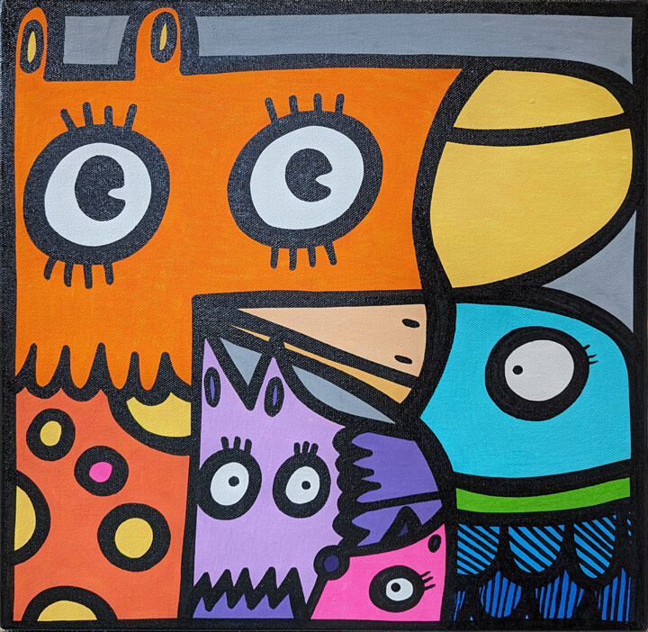 Painting titled "Animal Cube" by Kev Munday, Original Artwork, Acrylic Mounted on Wood Stretcher frame