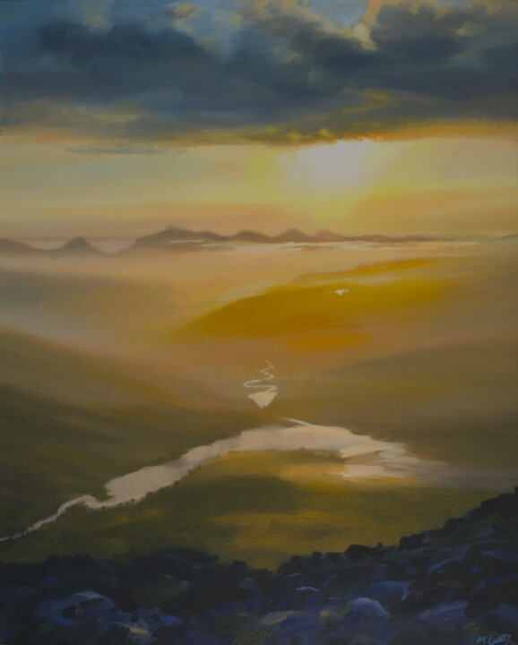 Painting titled "SUNBURST, LOCH CLAI…" by Kevan Mcginty, Original Artwork, Acrylic Mounted on Wood Stretcher frame