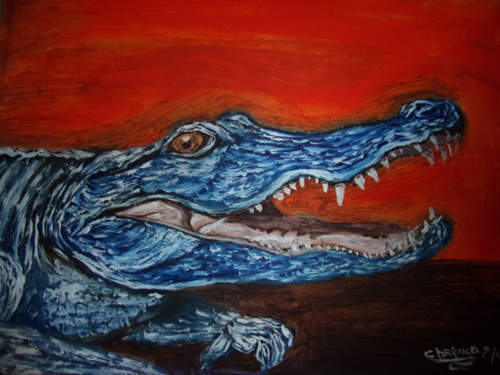 Painting titled "L'aligator bleu" by Kevin Chripko, Original Artwork, Oil