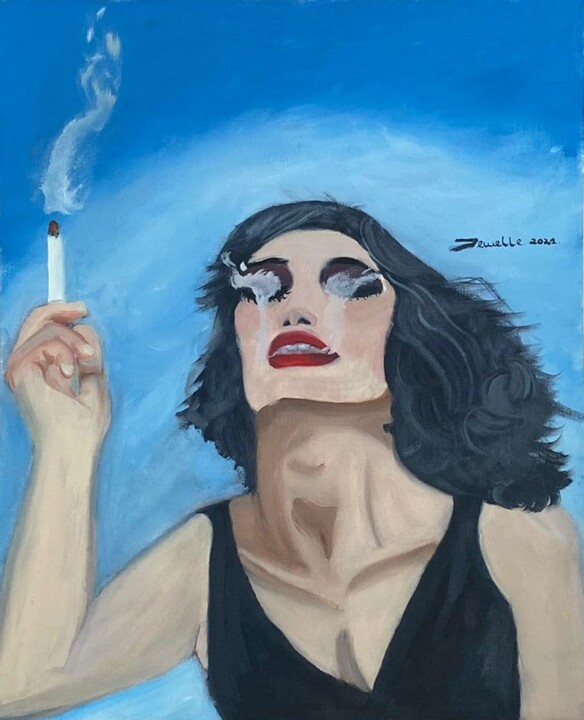 Painting titled "Cigarette woman" by Kevin Dewelle, Original Artwork, Oil Mounted on Wood Panel