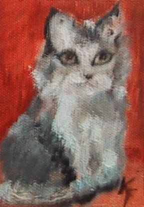 Painting titled "Wide Eyed Cat ACEO…" by Kathleen Farmer, Original Artwork, Oil
