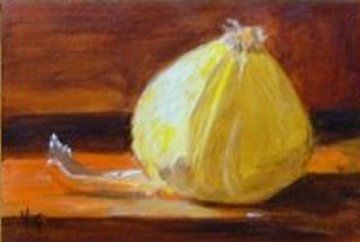 Painting titled "Lone Yellow Onion" by Kathleen Farmer, Original Artwork, Oil