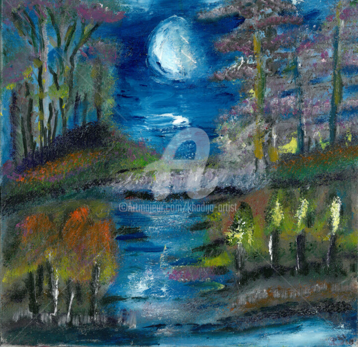 Painting titled "La nuit - The night" by Khadija Bent Ahmed, Original Artwork, Oil