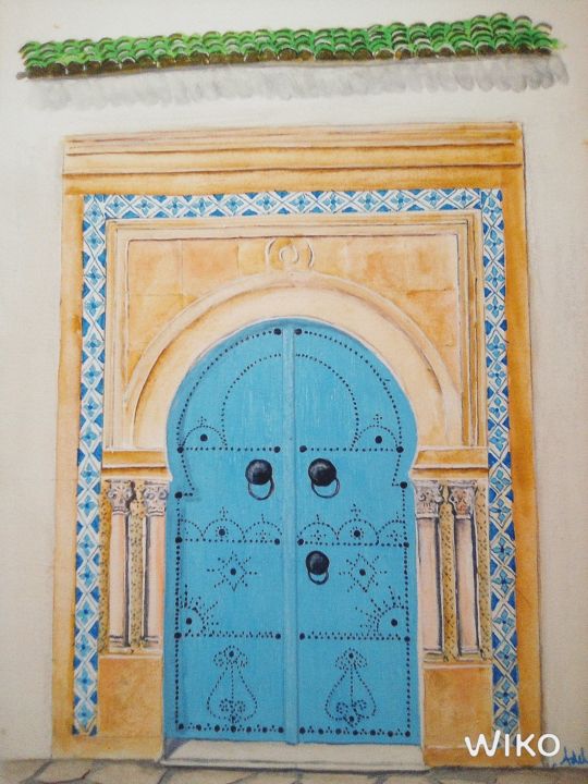 Painting titled "porte bleue" by Adelka, Original Artwork, Watercolor