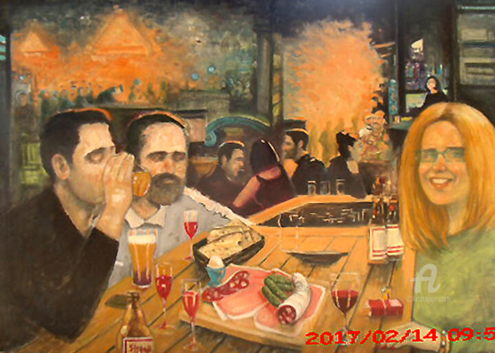 Pittura intitolato "Ambiance de bar à P…" da Khaled Guemroud, Opera d'arte originale, Olio