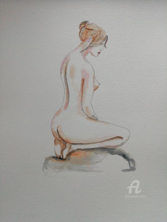 Drawing titled "Femme sur rocher" by Kham H, Original Artwork, Watercolor