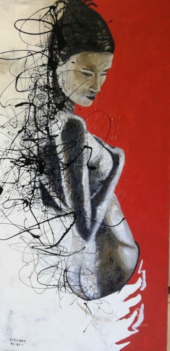 Painting titled "Dripping femme nue" by Kham H, Original Artwork, Acrylic