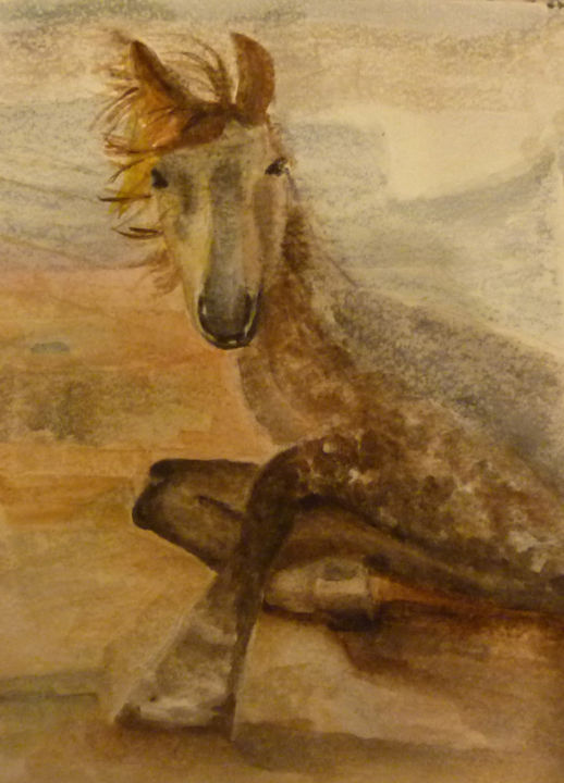 Картина под названием "конь на отдыхе" - Жанна Митин, Подлинное произведение искусства, Бумага