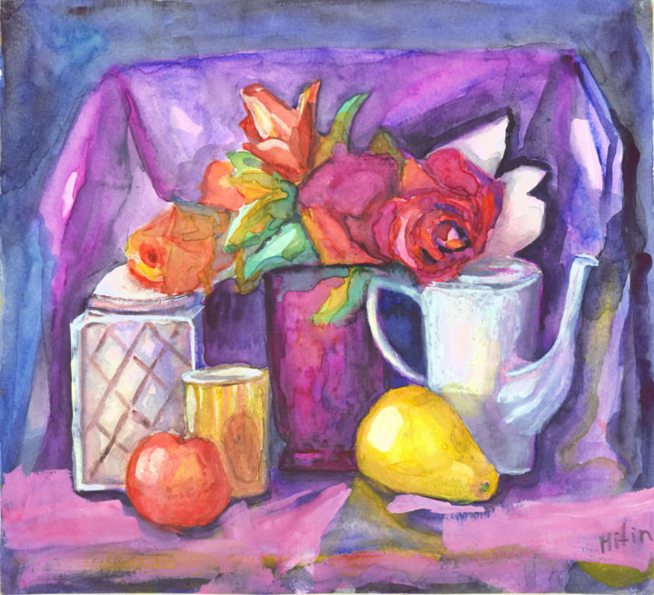 Картина под названием "созерцание" - Жанна Митин, Подлинное произведение искусства, Акварель