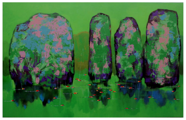 Painting titled "Green Ha Long Bay" by Khanh The Bui, Original Art, Acrylic