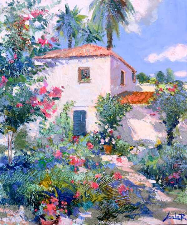 Painting titled "Mediterranean Garden" by Khanlar Asadullayev, Original Artwork, Oil Mounted on Cardboard