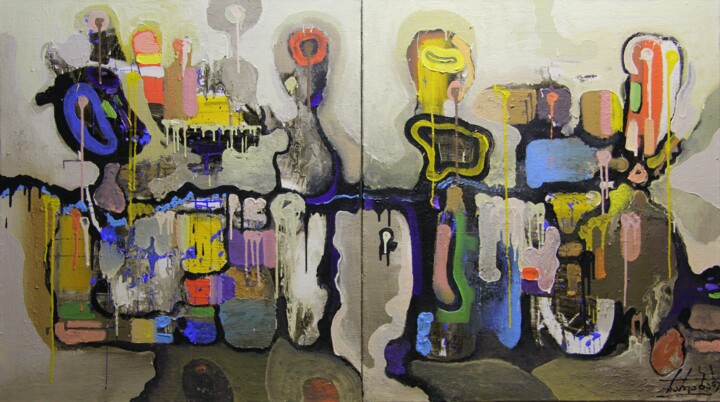 Картина под названием "Cafe. Diptych" - Zaza Kharabadze, Подлинное произведение искусства, Масло Установлен на Деревянная ра…