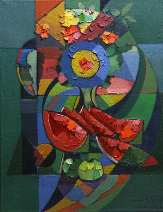Malerei mit dem Titel "Country watermelon" von Zaza Kharabadze, Original-Kunstwerk, Öl