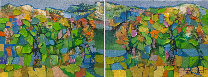 Painting titled "Noon. Etude. Diptych" by Zaza Kharabadze, Original Artwork, Oil Mounted on Wood Stretcher frame