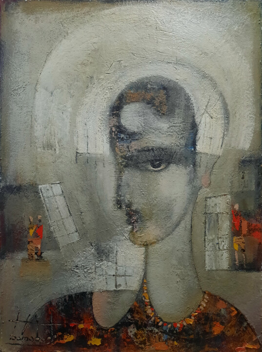 Painting titled "Portrait" by Zaza Kharabadze, Original Artwork, Oil Mounted on Other rigid panel
