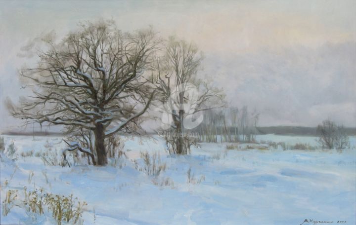 Painting titled "Winter evening" by Valeriy Kharchenko, Original Artwork, Oil