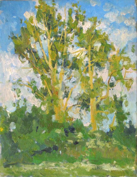 Painting titled "Golden poplars" by Valeriy Kharchenko, Original Artwork
