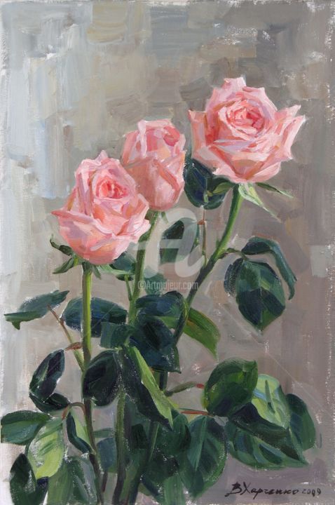 Painting titled "Tender roses" by Valeriy Kharchenko, Original Artwork, Oil