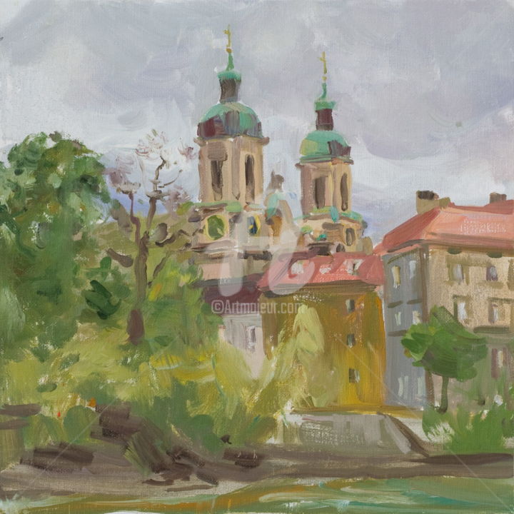 Painting titled "Inn River Embankment" by Valeriy Kharchenko, Original Artwork, Oil