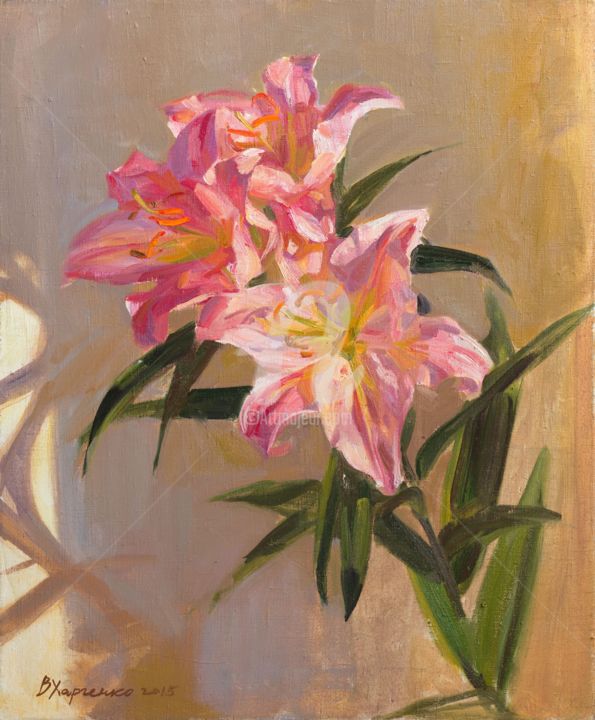 Painting titled "Pink lily" by Valeriy Kharchenko, Original Artwork, Oil