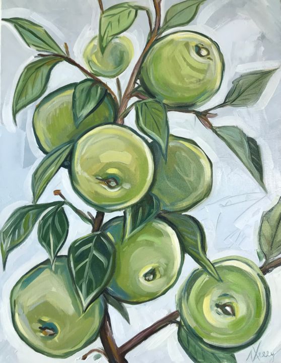 Painting titled "Green apples on tre…" by Leysan Lim, Original Art, Oil