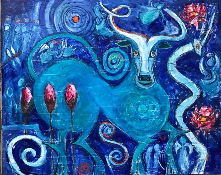 Peinture intitulée "Stylized bull" par Khatuna Songulashvili, Œuvre d'art originale, Huile