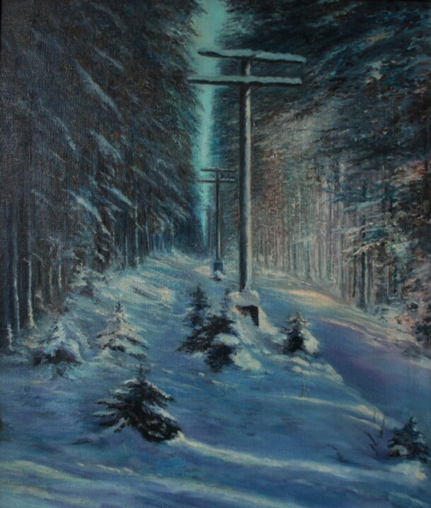 Painting titled "Телеграфная линия" by Valerii Semenikhin, Original Artwork, Oil Mounted on Wood Stretcher frame
