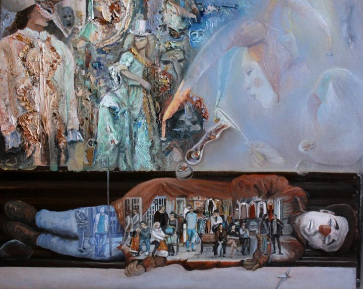 Painting titled "Остановка Клоуна. В…" by Valerii Semenikhin, Original Artwork, Oil Mounted on Wood Stretcher frame