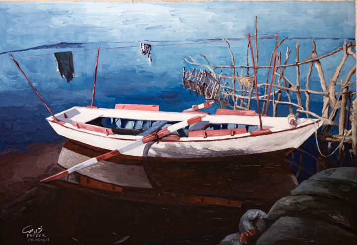 Painting titled "Lake Boat" by Kheder, Original Artwork, Oil
