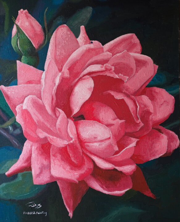 Pintura intitulada "Pink Rose oil paint…" por Kheder, Obras de arte originais, Óleo