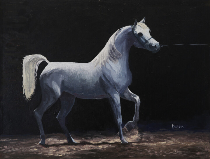 Pintura intitulada "White Horse Oil Pai…" por Kheder, Obras de arte originais, Óleo