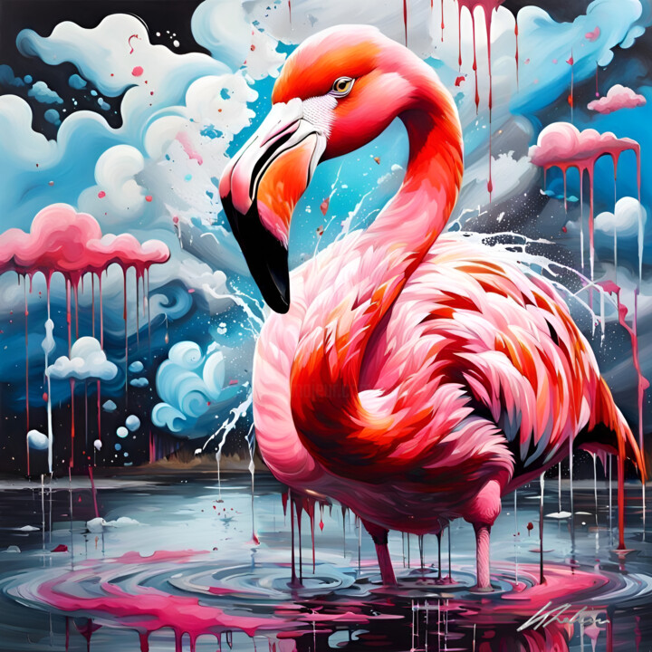 Digitale Kunst mit dem Titel "FLAMANT ROSE #1" von Khélène, Original-Kunstwerk, Digitale Malerei Auf Keilrahmen aus Holz mon…